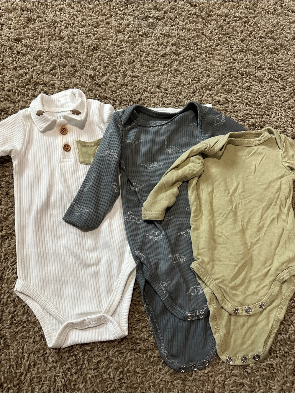 Kids Long-Sleeve One-Piece Bodysuits - White, Slate, Olive Dino’s